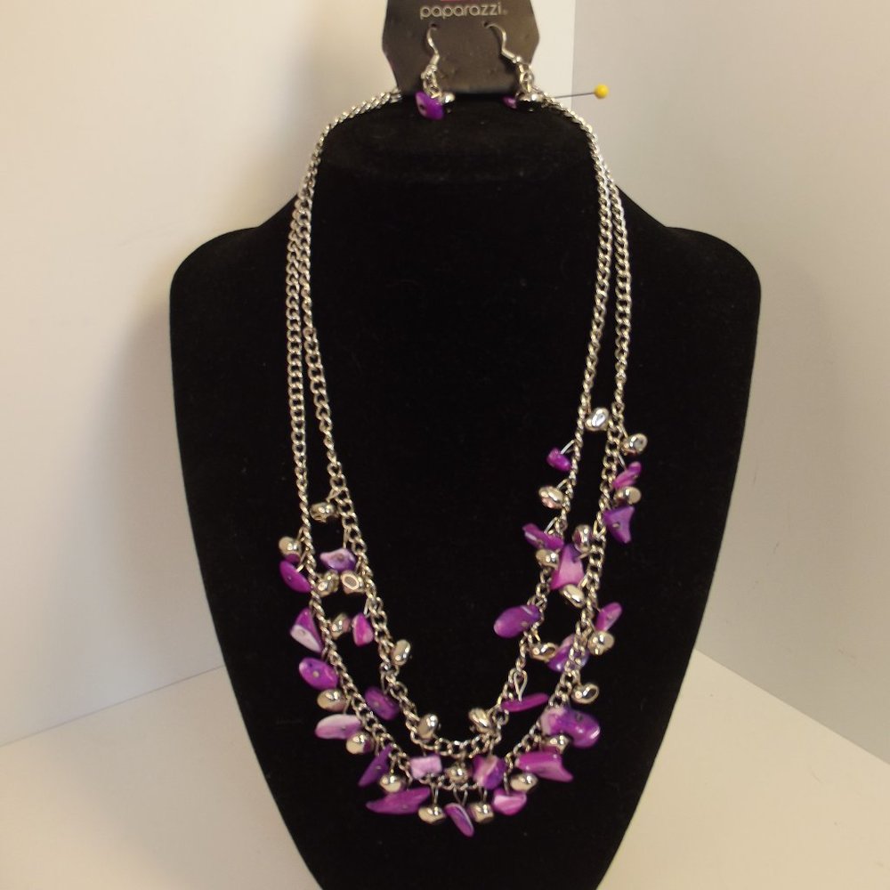 New Multi Strand Silver & Purple Earrings Necklace